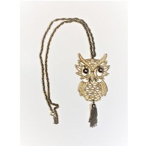 Vintage Gold Tone Metal Wise Owl Pendant Necklace with Chain Tassel Tail